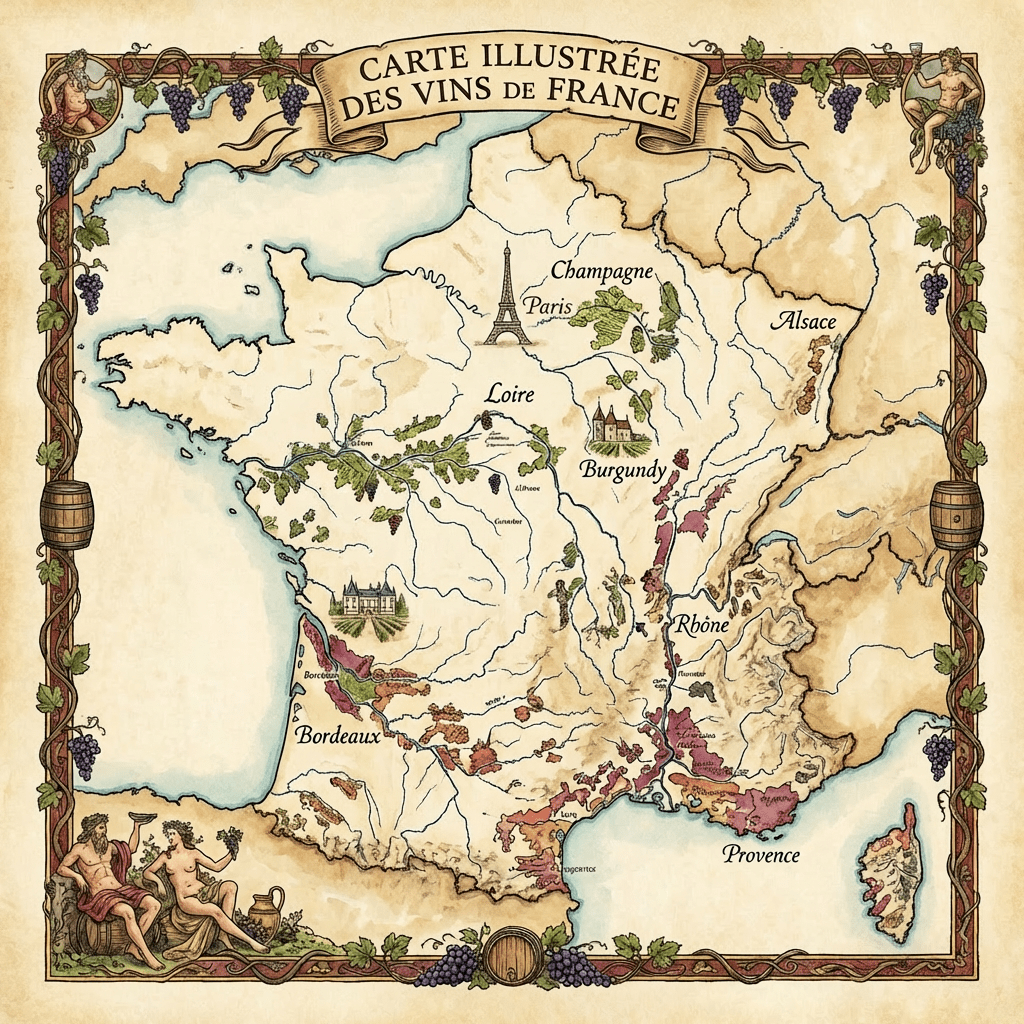 CARTE ILLUSTRÉE DES VINS DE FRANCE map showing Champagne, Alsace, Loire, Burgundy, Rhône, Bordeaux, and Provence.