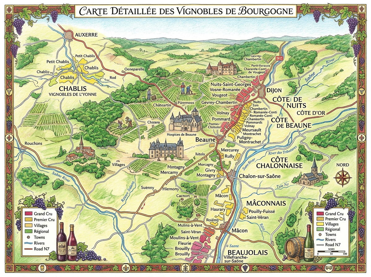 Illustrated map of Burgundy wine region with vineyard areas, towns, rivers, and wine classifications