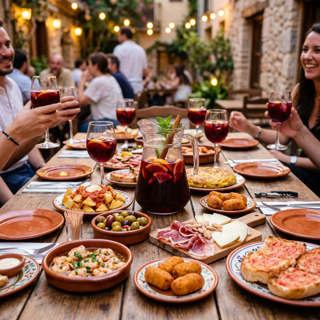 Table with sangria pitcher, glasses, and various Spanish tapas dishes