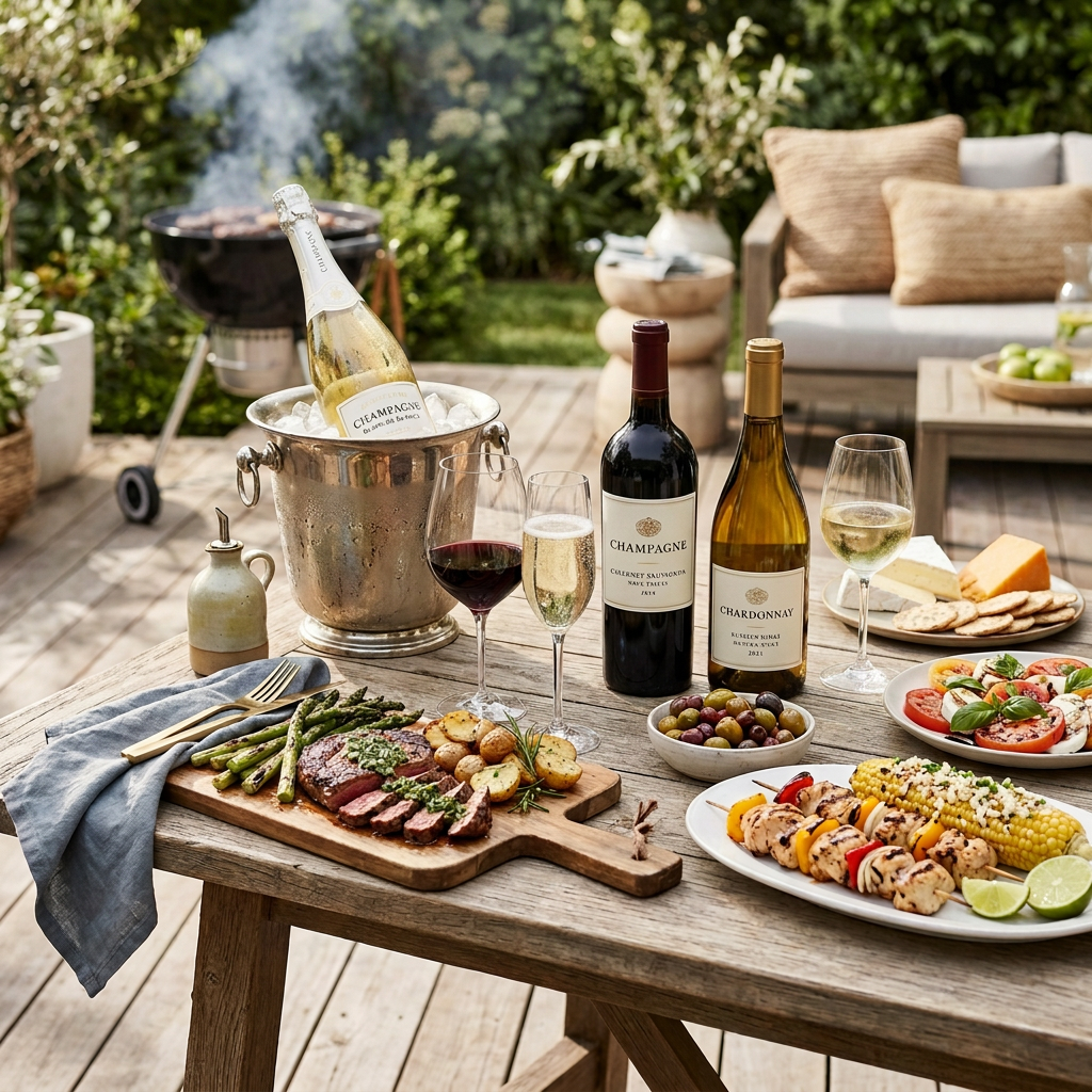 Outdoor table with grilled food, cheese, fruit, champagne, and wine