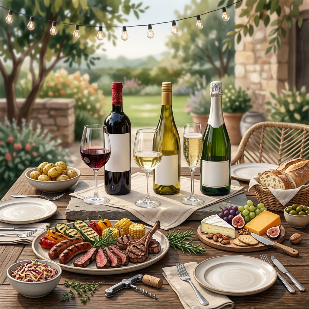 Garden table set with wine, grilled meats, cheese, bread, and fruit