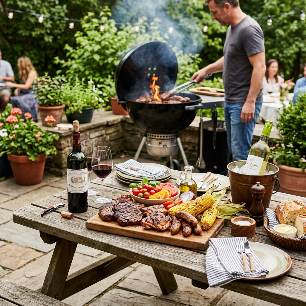Man grilling meat outdoors beside a table filled with barbecue food and wine