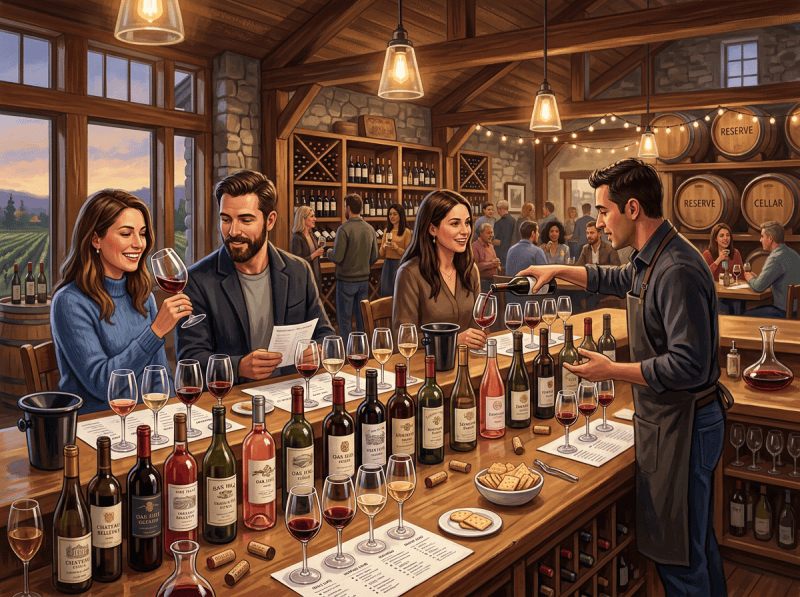 Guests tasting wine as a sommelier pours at a rustic winery