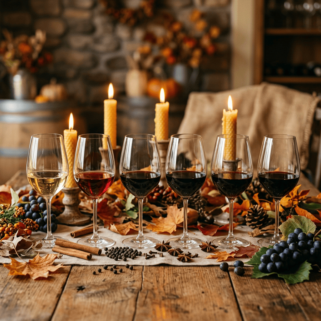 Six wine glasses surrounded by candles, grapes, spices, and autumn leaves